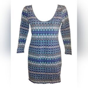 Forever 21 Blue and White Bodycon Dress with Cuffed 3/4 Sleeves